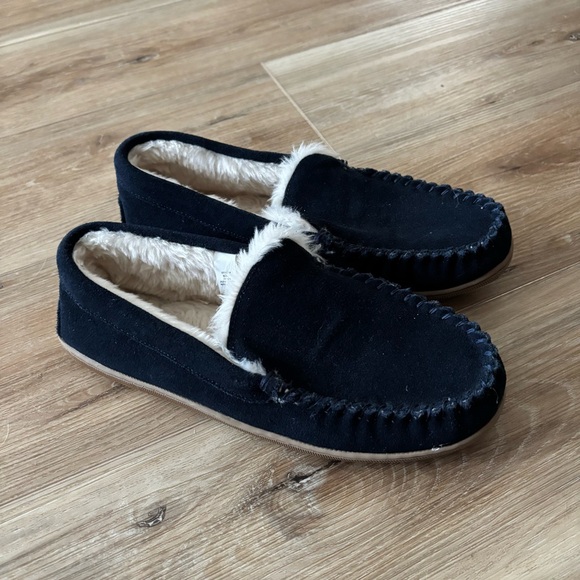 J Crew Men's 7 women’s 8.5 unisex Suede Scuff navy Slippers Faux Fur Lining - Picture 1 of 5